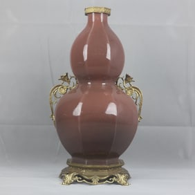 A Huge Peach Bloom Glazed Inlaid Bronze Flower Double-Ears Gourd Vase