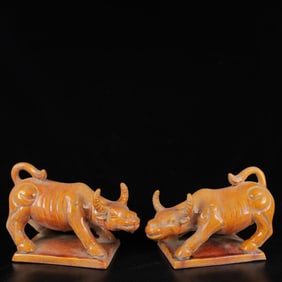 A Pair of Exquisite Tang Tri-Color Glazed Pottery Buffalo Ornaments