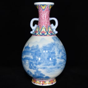 An Exquisite Enamel Landscape and Figure Pattern Double-Ears Vase