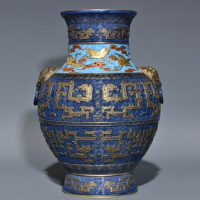 An Exquisite Blue Glazed Gilt Crane Pattern Vase