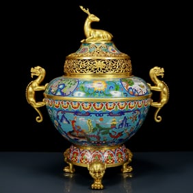 An Exquisite Cloisonne Folwer and Auspicious Beast Pattern Double-Ears and Tripod Censer