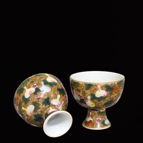 A Pair of Exquisite Famille-Rose Yellow Glazed Gourd Pattern Stem Cups