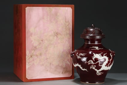 A Huge Ji Red Glazed Dragon Pattern Beast-Ears Jar
