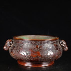 A Rare Bronze Buffalo Pattern Double-Ears Censer
