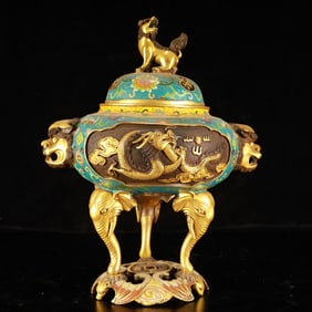 A Rare Cloisonne Lotus and Dragon Pattern Beast-Ears Elephant-Legs Censer