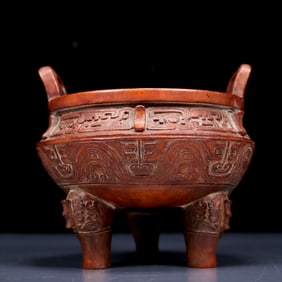 An Exquisite Bamboo Beast-Face Pattern Double-Ears and Tripod Censer