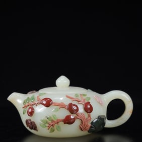 An Exquisite White Jade Inlaid Gems Flower and Fruit Pattern Teapot