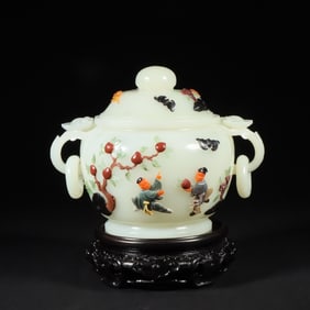 A Fine White Jade Inlaid Gems Figure and Flower Pattern Double-Ears Censer