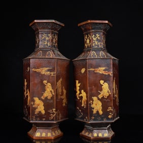 A Pair of Rare Gilt Bronze Character and Story Pattern Vases