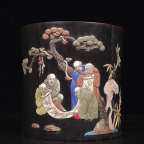 An Exquisite Zitanwood Figure Pattern Brush Pot,Inlaid Gems