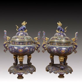 A Pair of Huge Cloisonne Hollow Lotus Pattern Dragon-Ears Tripod Censers,With Beast Cover