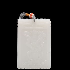 An Exquisite White Jade Statue of Heavenly King Pendant, with poem