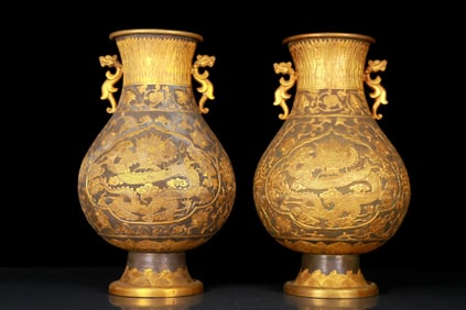 A Pair of Rare Gilt Silver Dragon Pattern Double-ears Vases