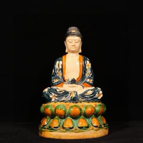 An Exquisite Tang Tri-Color Glazed Pottery Statue of Sakyamuni