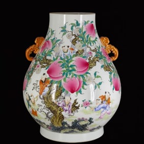 A Huge Famille-Rose Peach Pattern Double-Ears Vase,with Poem