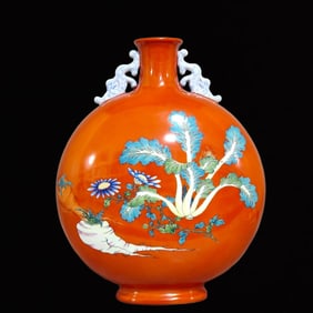 An Exquisite Famille-Rose and Coral Red Glazed Vegetables and Fruit Pattern Double-Ears Vase,with