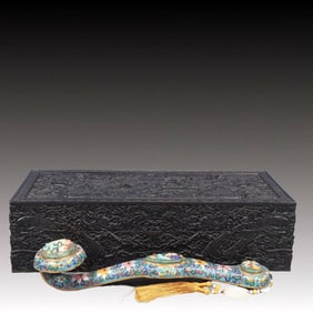 A Huge Cloisonne Inlaid Sapphire Lotus and Deer Pattern Ruyi,Inlaid Gems,With Auspicious Cloud and