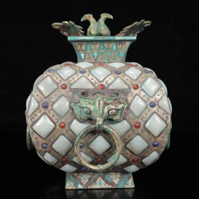 An Archaic Bronze Inlaid Gold and Silver Elephant-Ears Censer,Inlaid Gems