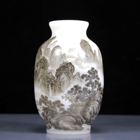 An Exquisite Glass Ink Color Landscape and Figure Pattern Vase,with poem