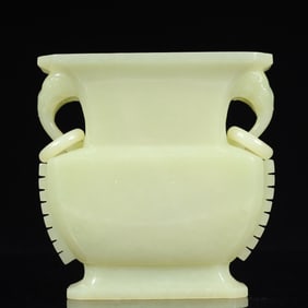 An Exquisite White Jade Elephant-Ears Vase