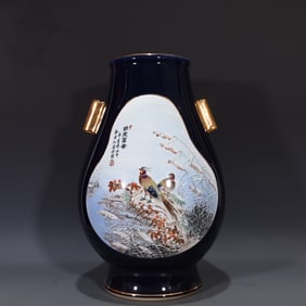 A Rare Ji Blue Glazed Famille-Rose Flower and Bird Pattern Double-Ears Vase