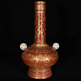 An Exquisite Coral Red Glazed Gilt Beast-Face Pattern Double-Ears Vase