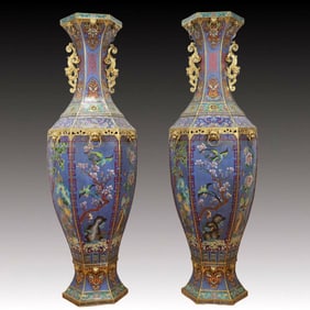 A Pair of Huge Cloisonne Flower and Bird Pattern Dragon-Ears Vases