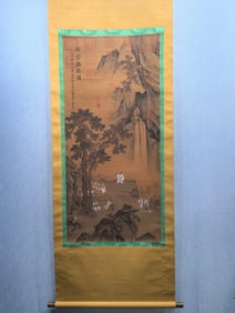 A Chinese Vertical Scroll Ink Painting of Landscape and Figure on Silk
