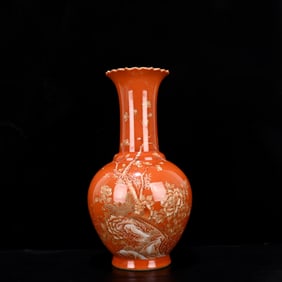A Huge Red Glazed Painted Gold Flower and Bird Pattern Vase,With Poem