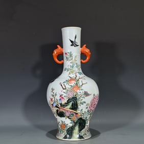 A Rare Famille-Rose Flower and Bird Pattern Double-Ears Vase,With Poem