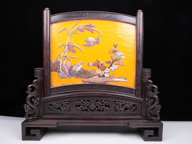 A Precious Zitanwood Gilt-Lacquered Gem-Inlaid 'Bird& Flower' Table Screen