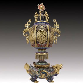 A Huge Cloisonne Hollow Fish and Phoenix Pattern Dragon-Ears Censer,With Auspicious Beast-Shaped