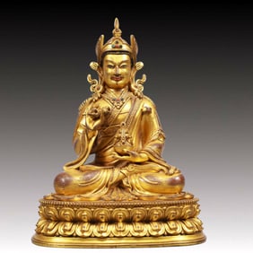 A Solemn Gilt BronzeStatue of Padma Sambhava,Inlaid Gems