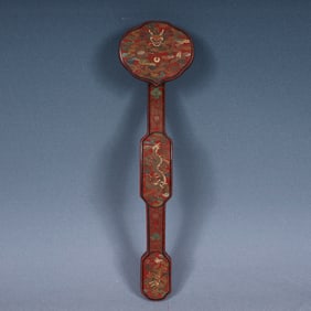 A Huge Carved Red Lacquer Painted Color Auspicious Cloud and Dragon Pattern Ruyi