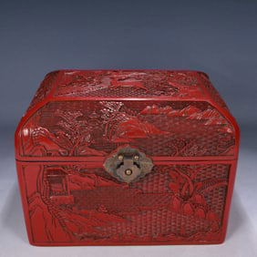 A Rare Carved Red Lacquer Landscape and Deer Pattern Box,With Poem
