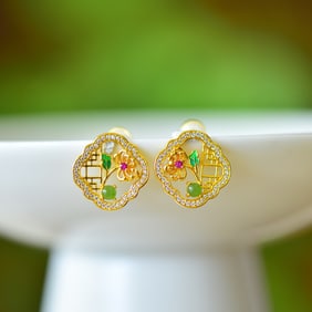 A Pair of Exquisite Sterling Silver-Gold Plated Inlaid Jasper Earrings,Inlaid Diamond