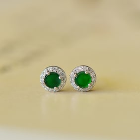 A Pair of Exquisite Sterling Silver Inlaid Jadeite Earrings