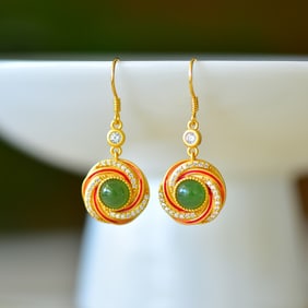 A Pair of Exquisite Sterling Silver-Gold Plated Inlaid Jasper Enamel Earrings,Inlaid Diamond