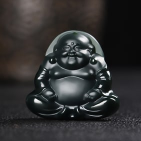 An Exquisite Cyan jade Statue of Maitreya Buddha Pendant