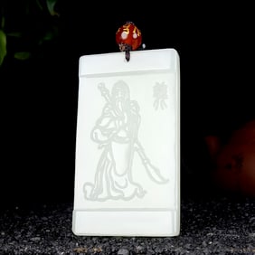 An Exquisite White Jade Statue of Guan gong Pendant