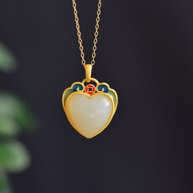 An Exquisite Sterling Silver-Gold Plated Inlaid White Jade Enamel Pendant