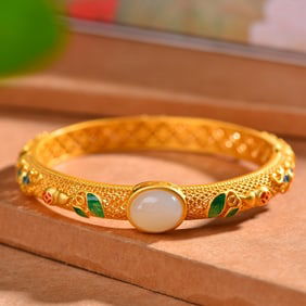 An Exquisite Sterling Silver-Gold Plated Inlaid White Jade Enamel Bracelets