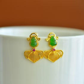 A Pair of Exquisite Sterling Silver-Gold Plated Inlaid Jasper Earrings