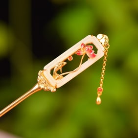 An Exquisite Sterling Silver-Gold Plated Inlaid White Jade Hairpin