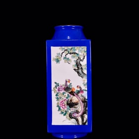 A Rare Blue Glazed Famille-Rose Flower and Bird Pattern Vase