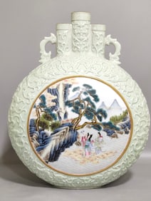 A Rare Celadon Glazed Famille-Rose Painted Gold Landscape and Figure Pattern Vase