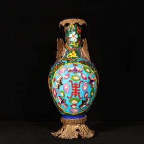 A Rare Enamel Inlaid Gilt Bronze Bats and Peach Pattern Double-Ears Vase
