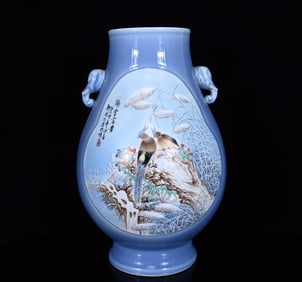 A Huge Famille-Rose Sky Blue Glazed Flower and Bird Pattern Elephant-Ears Vase,With Poem
