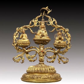 A Solemn Gilt Bronze Buddha Statue, Inlaid Gems