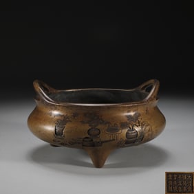 An Exquisite Bronze Bogu Pattern Double-Ears and Tripod Censer,With Poem